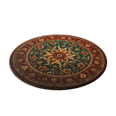 A round rug with a blue and red design