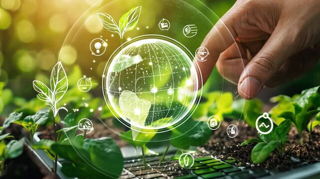 Sustainable Future: Hand nurturing a young plant with a digital globe overlay, symbolizing eco-conscious technology and environmental responsibility.  