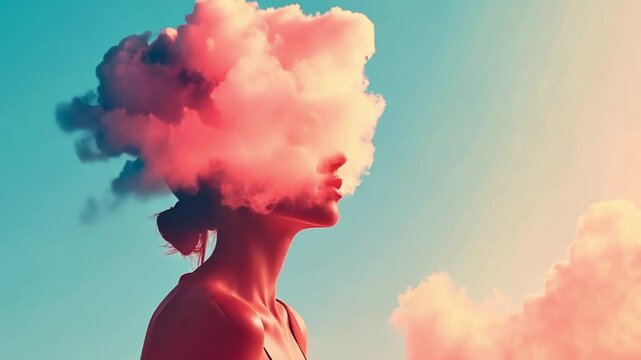 A surreal image of a woman with a pink cloud enveloping her head against a vibrant sky. Concept of abstract imagination and artistic expression.