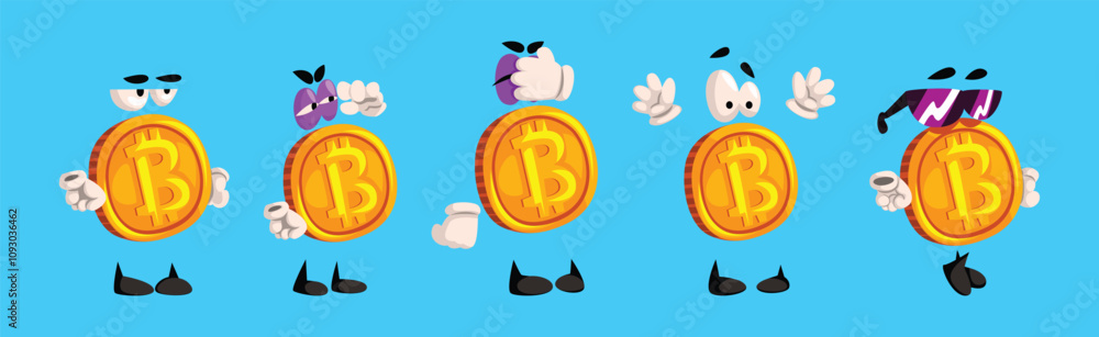 Poster golden bitcoin character with different emotion on blue background vector set
