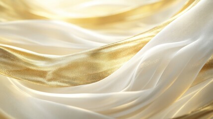 Fototapeta premium An elegant golden gradient with a subtle interplay of beige and white tones, overlaid with flowing gold ribbon-like patterns for a touch of movement. Wide angle lens.