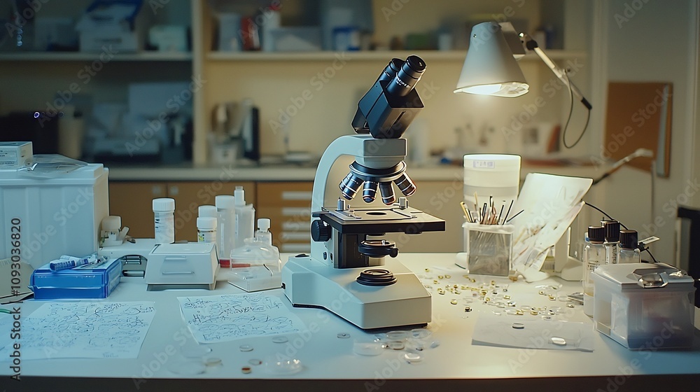 Poster high detail image of a microscope on a cluttered lab table with scattered glass slides documents and