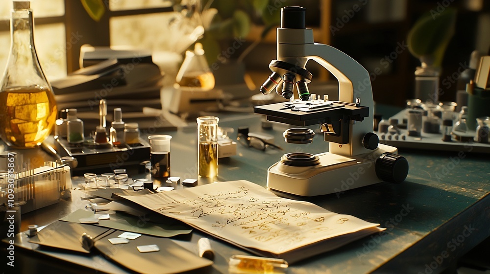 Poster high detail image of a microscope on a lab table surrounded by scientific slides notes and other res