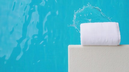 Obraz premium Droplets of clear water flying off a wet towel being shaken by the poolside, towel splash, refreshing pool clarity