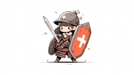 male soldier in armored suit holding sword and shield, chibi character, doodle style