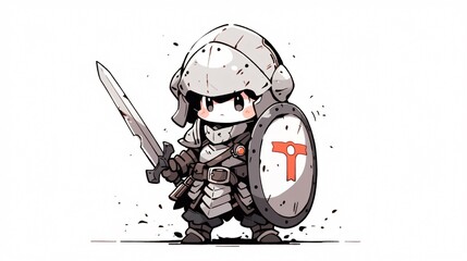 male soldier in armored suit holding sword and shield, chibi character, doodle style