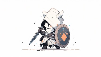 male soldier in armored suit holding sword and shield, chibi character, doodle style