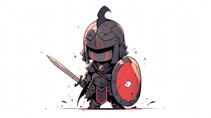 male soldier in armored suit holding sword and shield, chibi character, doodle style