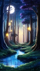 Fantasy anime background magical forest glowing trees tranquil twilight setting