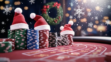 Festive gambling action at a virtual casino table online christmas celebration whimsical environment interactive play concept
