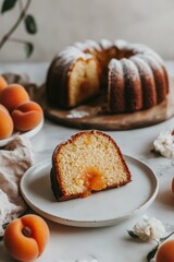 Delicious bundt cake with fresh apricots on the table in a cozy setting