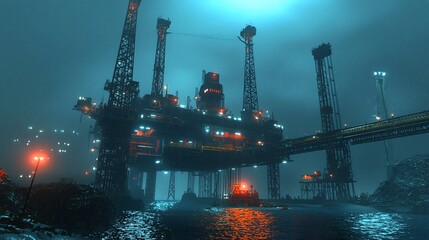 Obraz premium Illuminated Offshore Oil Platform Showcasing the Impressive Underwater Drilling Technology and Marine Engineering at Night