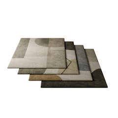 Four different colored square rugs are displayed on a white background