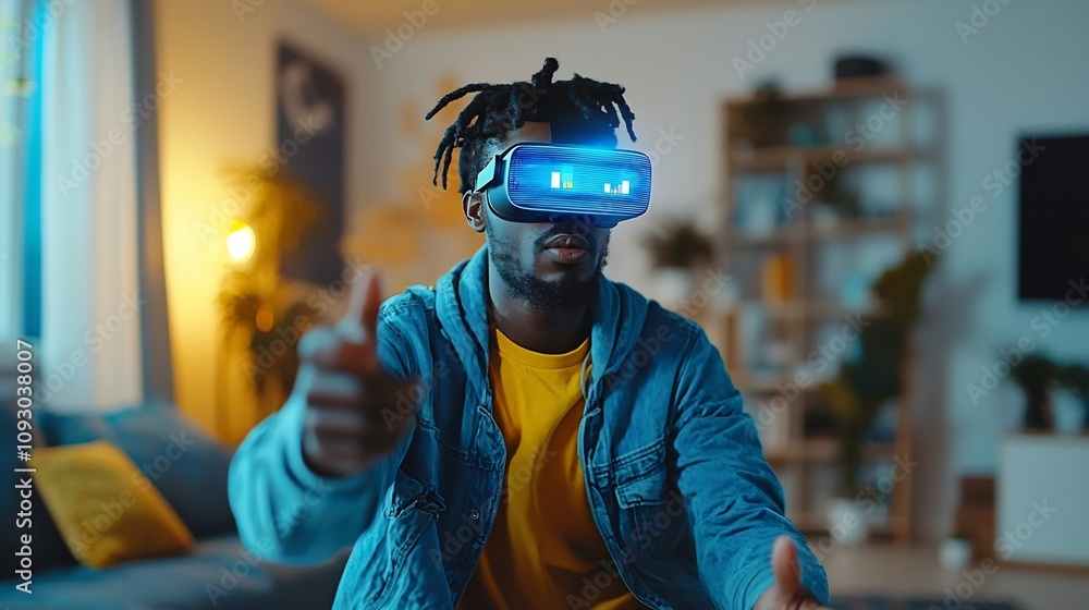 Poster immersive augmented reality user interacting with futuristic digital advertising in simulated enviro