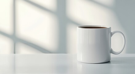 Morning coffee mug on a table with soft sunlight and greenery in the background