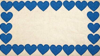 A bold and colorful blue heart frame made up of multiple hearts arranged in a staggered pattern on a beige background, abstract art, colorful arrangement