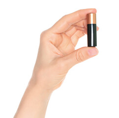 Woman Hand holds a Battery, isolated on transparent background close-up, template for energy saving ads