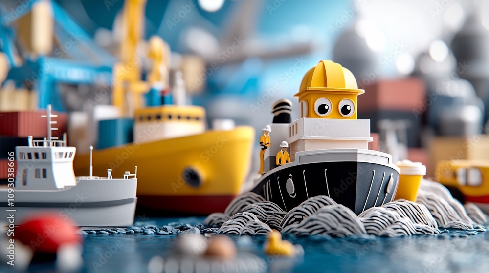 Poster intricate papercut scene depicting engineers collaboratively inspecting a bustling port with layers 