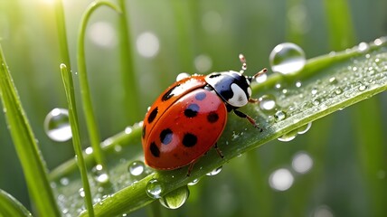 A vivid illustration of a ladybug crawling on a dew-covered blade of grass, with droplets reflecting sunlight