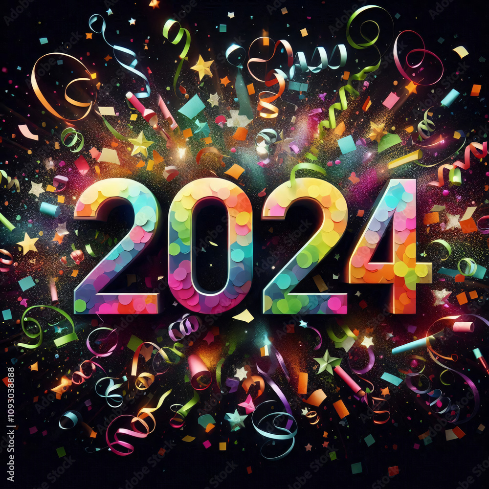 Poster 2024 in glowing lights with confetti and streamers bursting out from the center. generative ai.