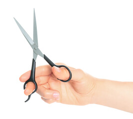 Woman hand holds Office Scissors, isolated on transparent background, stationery concept