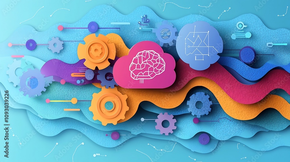 Poster layered gears nodes and graphs in colorful paper cut design symbolizing ai powered marketing tools a