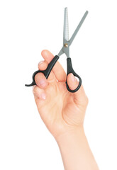 Woman hand holds Office Scissors, isolated on transparent background, stationery concept