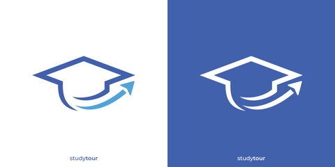 Simple Study Tour Logo. Graduation Hat and Plane or Jet Arrow Icon Graphic. Education Tour Logo, Icon, Symbol, Vector, Design Template.
