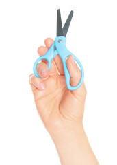 Woman hand holds Office Scissors, isolated on transparent background, stationery concept