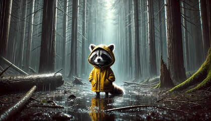 Fototapeta premium Sad Cartoon Racoon with Raincoat in Dark Rainy Forest