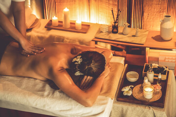 Caucasian woman customer enjoying relaxing anti-stress spa massage and pampering with beauty skin...