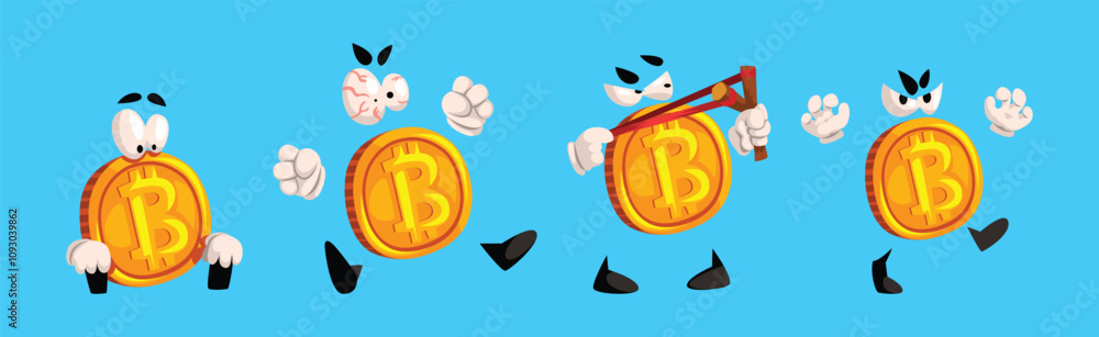 Poster golden bitcoin character with different emotion on blue background vector set