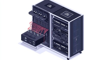 Isometric illustration of a server rack isolated on white background. Cloud computing and web hosting concept