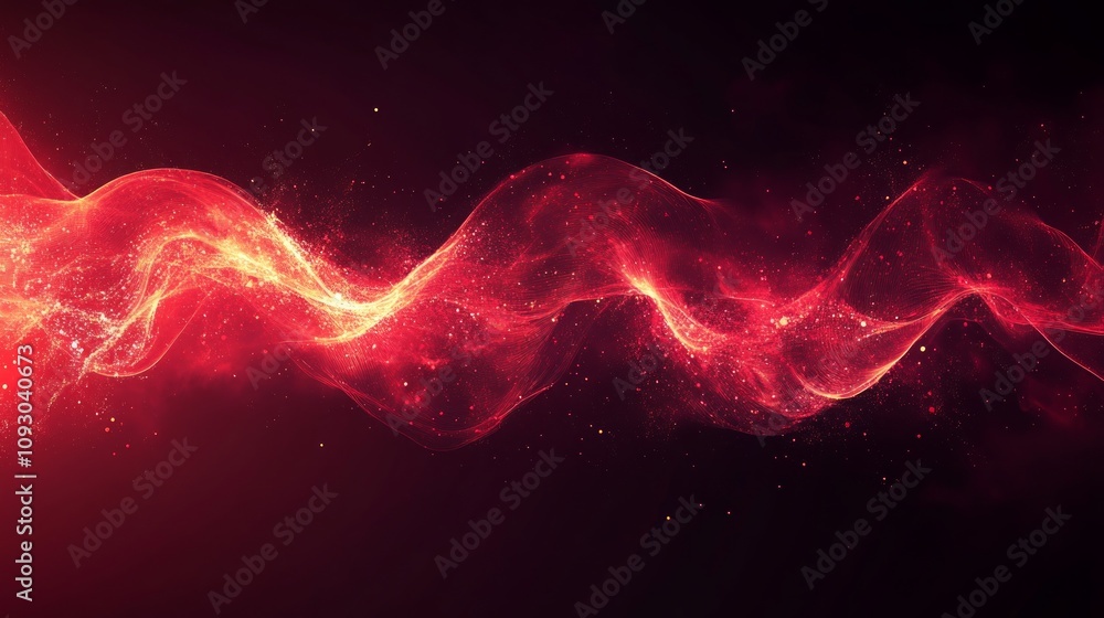 Poster abstract red glowing wave with particles.