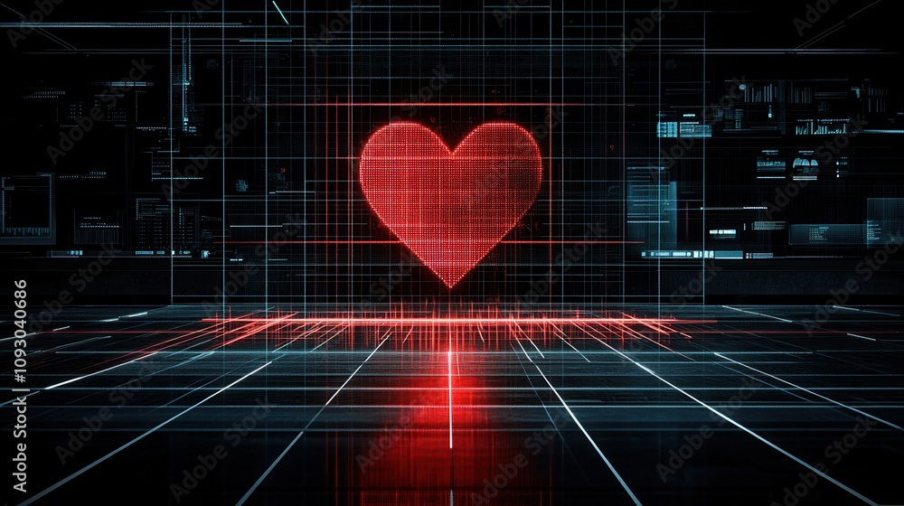 Poster a vibrant digital representation of a glowing red heart symbolizing love and connection in a modern 