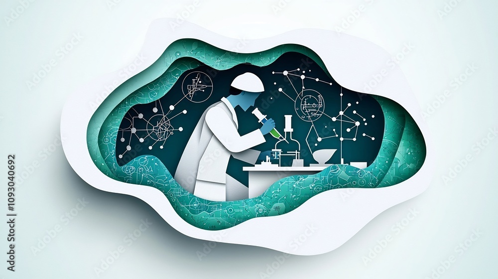 Poster layered paper cut design showcasing a lab technician analyzing scientific samples in a laboratory se