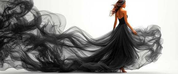 Beautiful woman in a black dress, with a perfect body shape and long legs, against a white background. Studio photo shot in a professional photography style. © Just1