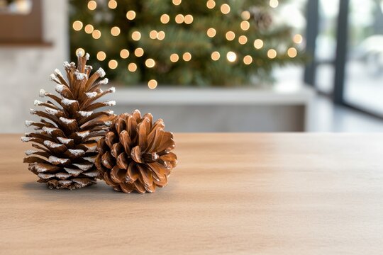 Festive vibe in small shop concept. Two snow-dusted pinecones are placed on a wooden table, with a softly blurred background of a decorated tree and warm holiday lights