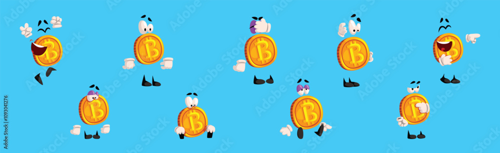 Poster golden bitcoin character with different emotion on blue background vector set
