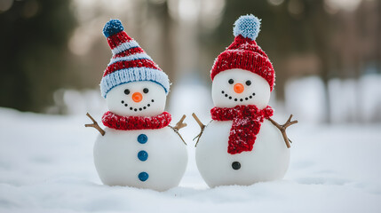 Two cheerful snowmen standing in winter christmas landscape. Merry christmas and happy new year greeting card