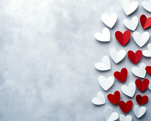 White and Red Paper Hearts Arranged on a Gray Background.A flat lay composition featuring a variety of white and red paper hearts arranged in a diagonal pattern against a textured gray background.