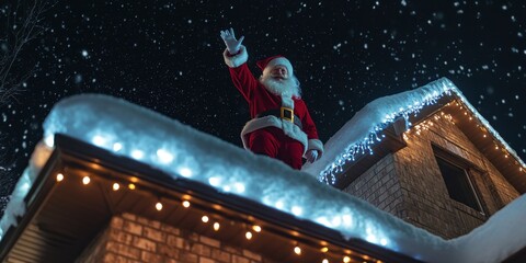 Santa Claus waving from the roof of a house with a snowy background, the glow of holiday lights illuminating the night