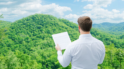 A man is standing in a forest with a piece of paper in his hand