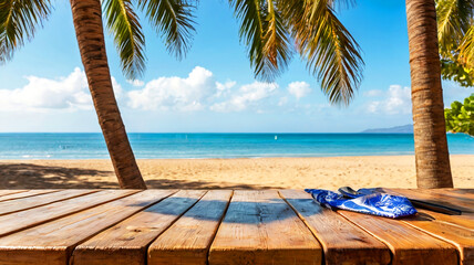 Wooden Table with Seaside View of Tranquil Beach and Palm Trees During Sunny Weather