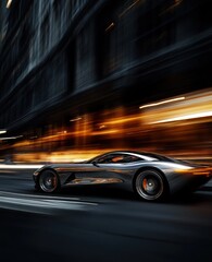 Sleek sports car speeding through urban city nightscape