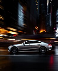 Side profile of sleek silver car on lively night street