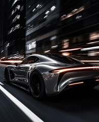 Fototapeta premium Futuristic car tail lights in vibrant city blur