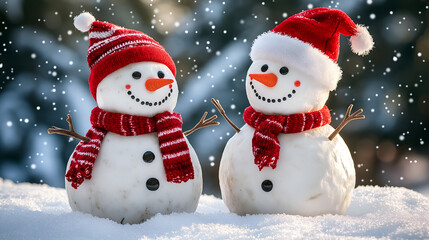 Fototapeta premium Two cheerful snowmen standing in winter christmas landscape. Merry christmas and happy new year greeting card