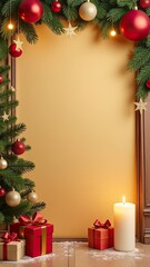 Christmas greeting card invitation with space for text in frame on golden background with glowing Christmas tree and garland, balls, gift boxes. 