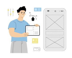 Web and app design concept.  User Interface UI and User Experience UX content organization. Designer working on the designing of web page or mobile app. Vector illustration on white background.
